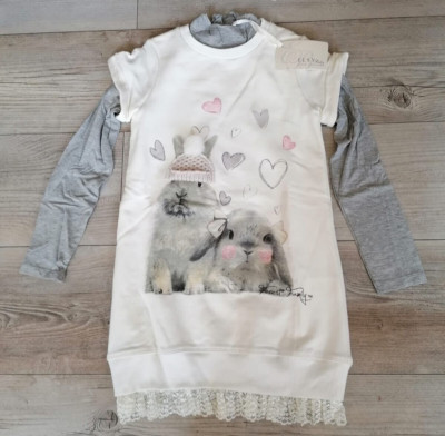 ELSY baby SALE % Kleid Shirtkleid mit Spitze créme Hasen Print 116 122 NEU 129 