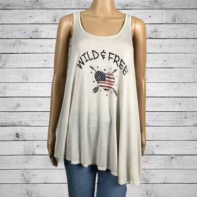 Paper Crane Wild Free American Flag Heart Asymmetric Tank Top Shirt SMALL Beige