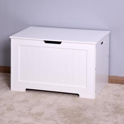 Kids White Finish Wooden Toy Box Chest Storage Bench Trunk Play