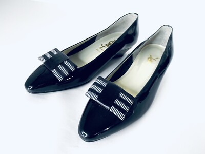 New Yves Saint Laurent YSL Patent Black Leather Pointy Flats W
