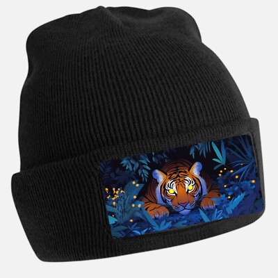 Black Cool Tiger Print Beanie Hat - Unisex Cap, Cotton