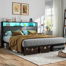 King Size Bed Frame with Charging Headboard LED Lights,Metal Platform Noise Free