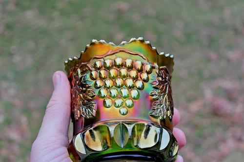 ANTIQUE NORTHWOOD GRAPE AND CABLE CARNIVAL GLASS SPOONER - GREEN