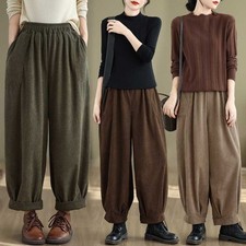 Winter Womens Retro Loose Bloomers Trousers Elastic Waist Corduroy Harem Pants