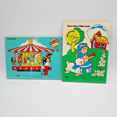 Lot Of 2 - Vintage Wooden Puzzles Connor Toy Carousel Mary Had a Little Lamb