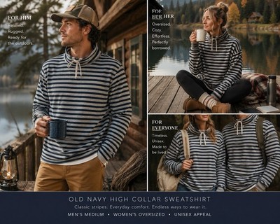 Old Navy Gray Navy Striped Terry Hoodie Sweatshirt Unisex Coastal Cabin Cozy Med