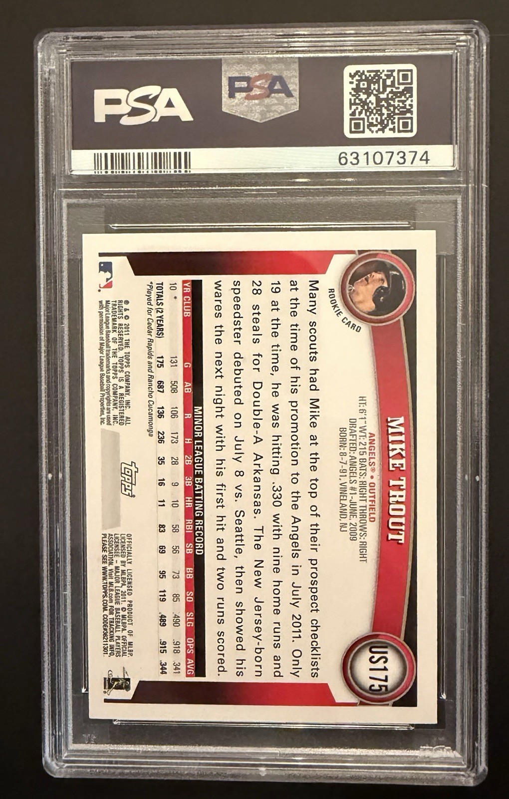2011 Topps Update Series - Mike Trout #US175 (RC) PSA 9 view 2