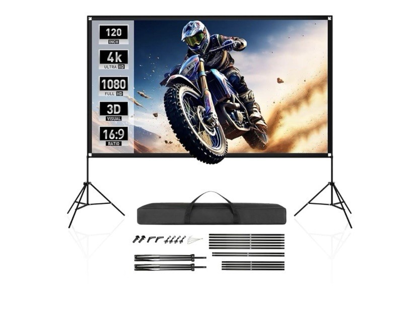 Projector Screen with Stand 120 Inch, Portable 16:9 4K HD Movie Screen