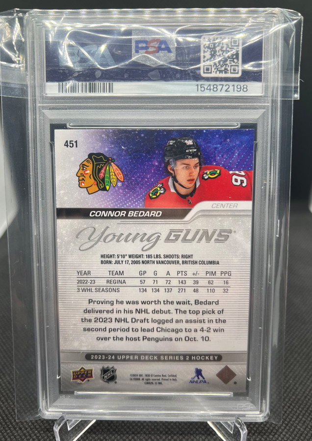 2023-24 Upper Deck Series 2 Connor Bedard Young Guns RC #451 PSA 9 Blackhawks view 2