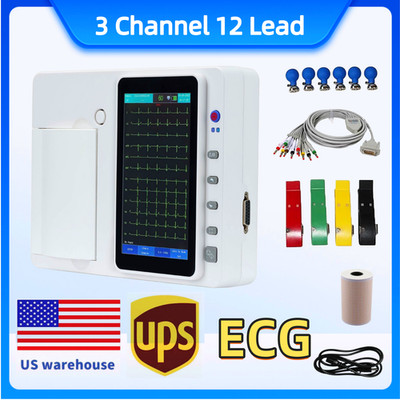 US Warehouse 12-Lead ECG  7'' Color Touch Screen 3-Channel Electrocardiograph