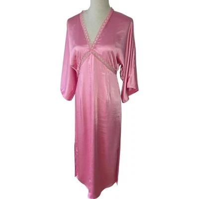 H&M Satin Maxikleid Gr 38 Rosa Tiefer V-Ausschnitt Rückenschlitz 3/4 Arm NEU - Bild 1 von 4
