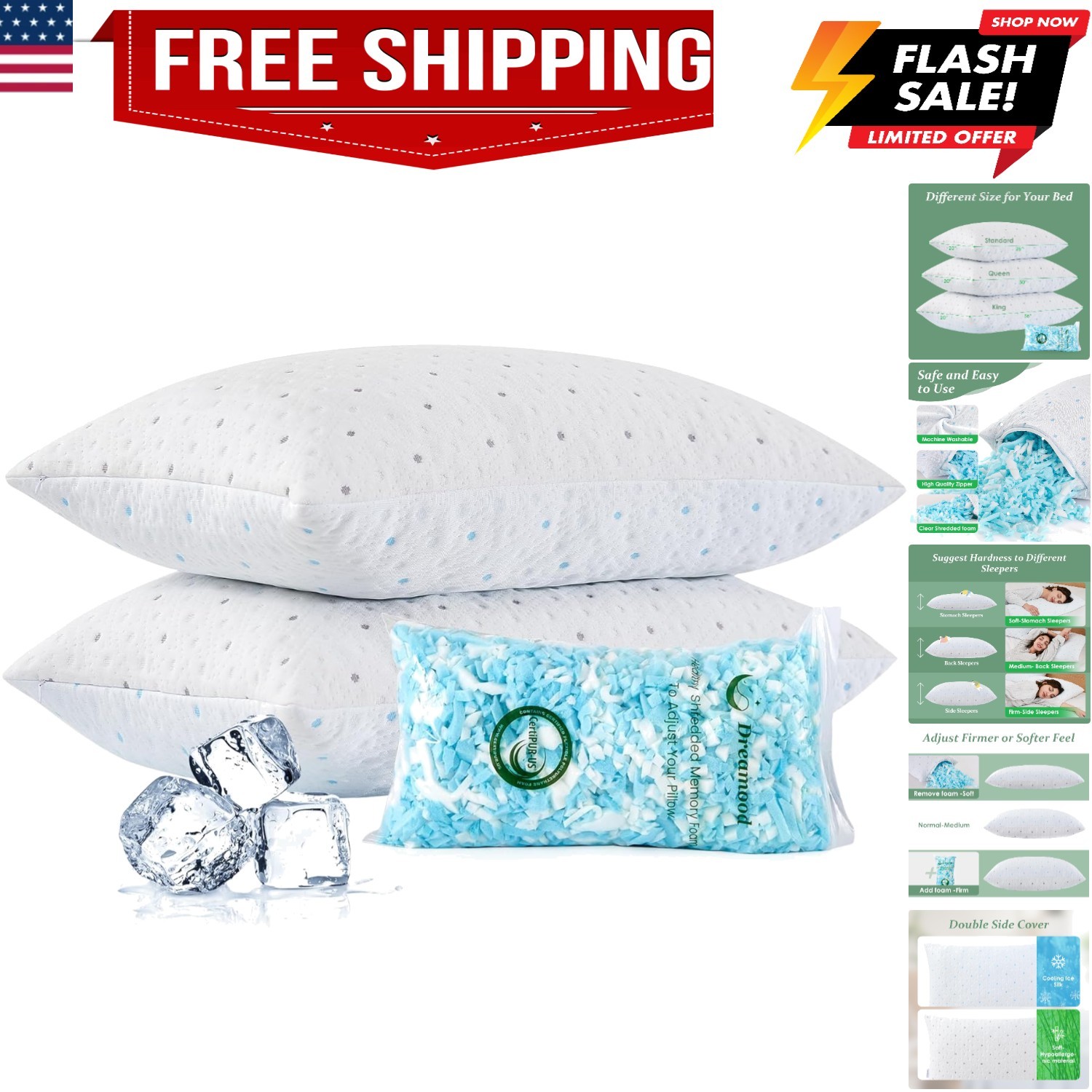 Queen Size Set Of 2 With Extra Stuffing 100% Shredded Memory