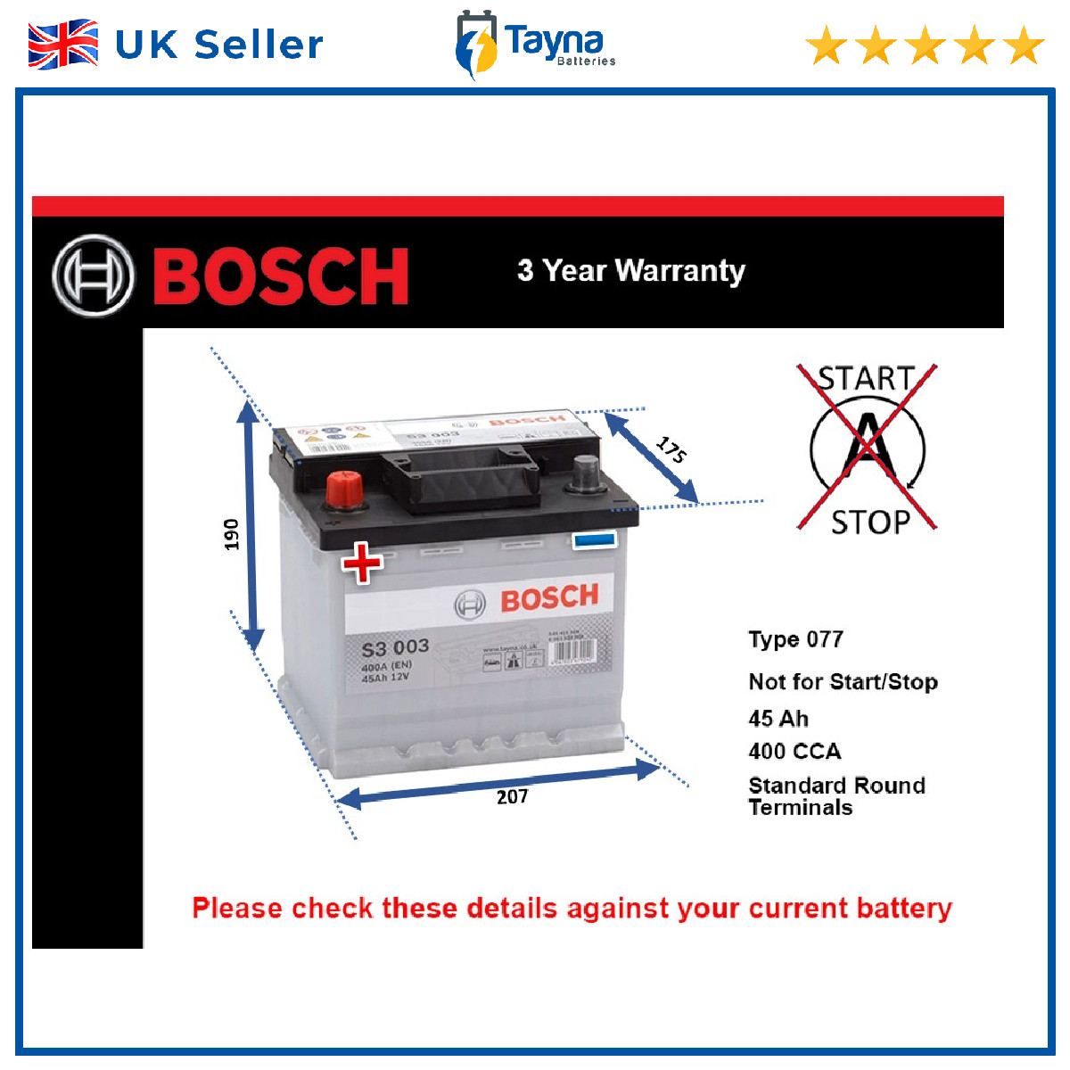 Car Battery S3003 Bosch 077 400A 45Ah 3Yr Warranty 207x175x190