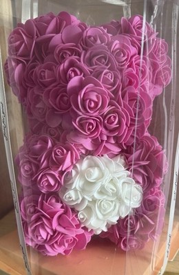 10 in Hot Pink Rose Teddy Bear with White Heart in Center - A0191