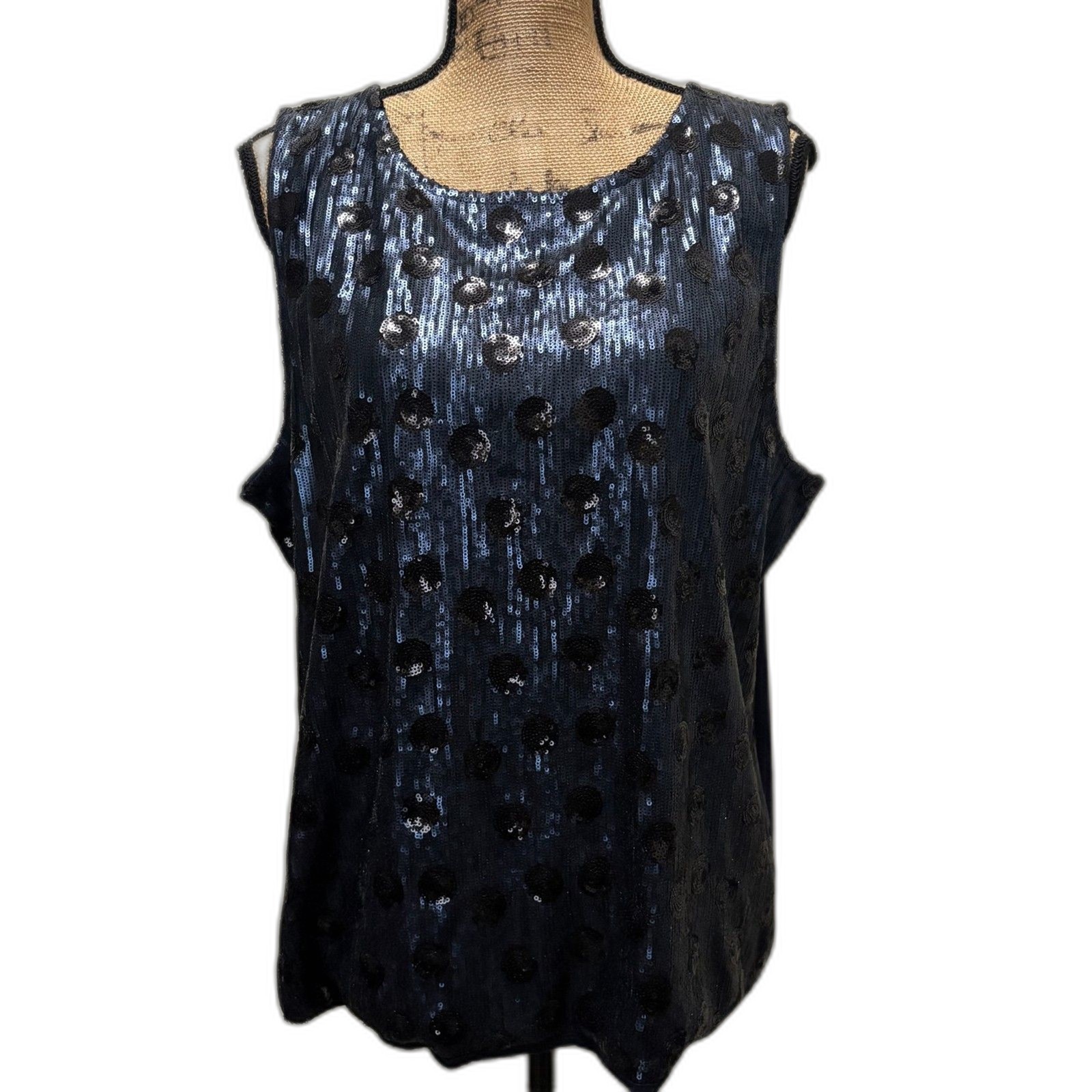 Talbots RSVP Sequin Polka Dot Sleeveless Blouse in Navy & Black - Party Chic Size XL  