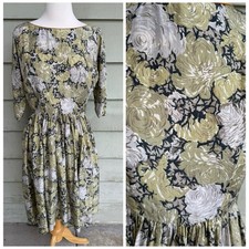 Vtg 50/60  s R K Originals Silk Dress Brown Avocado Green Size M Floral Print 28  