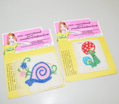 Vintage IRON ON PATCH Lot Mushrooms Snail 1970s Retro Clothing