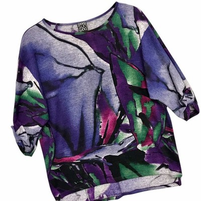 Clara Sun Woo Knit Tunic Top Abstract Artsy Boxy Fit Purple Roll Tab Women s XS