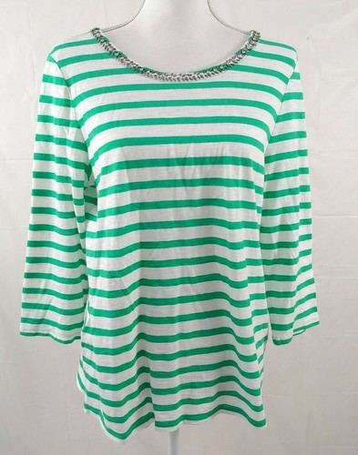 Top donna Chicos taglia 1 verde bianco a righe maniche 3/4 cotone collo perline medio - Foto 1 di 6
