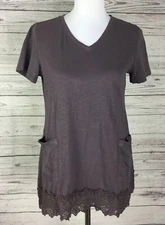 LOGO Layers by Lori Goldstein Knit Top Women’s XS Lace Trim Pockets 100% Cotton