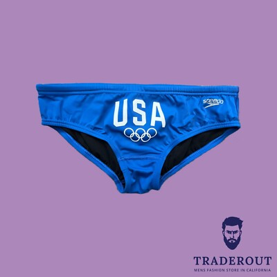 H.E.Arts team USA logo custom print Speedo Men blue 3'' swim Brief size 32 34 36