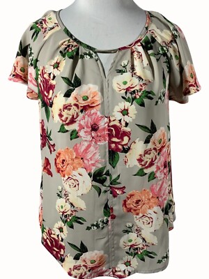 APT 9 Gray Lightweight Floral Blouse Short Flutter Sleeve Keyhole NEW Size Small