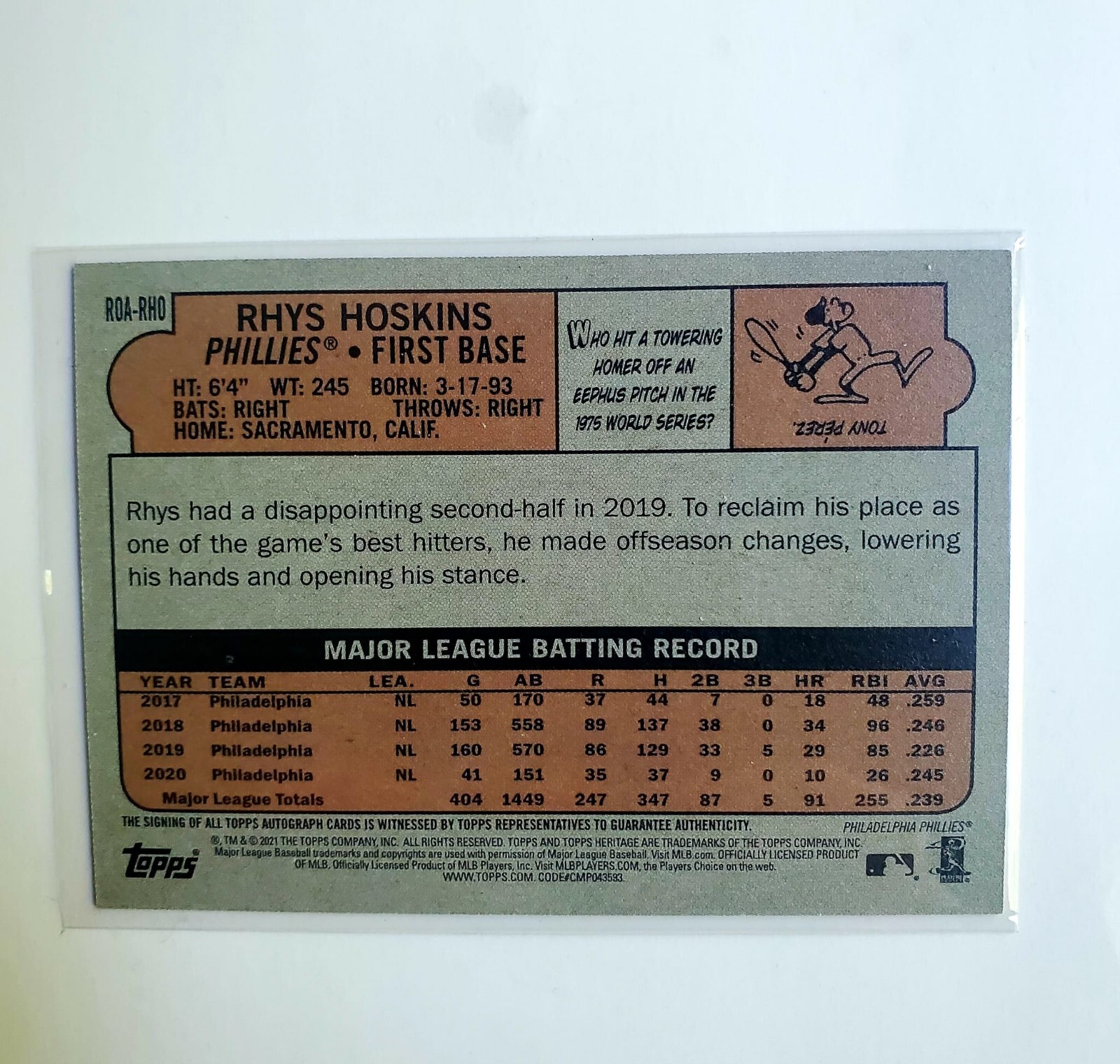 2021 Topps Heritage Real One Autographs ROARHO Rhys Hoskins (AU