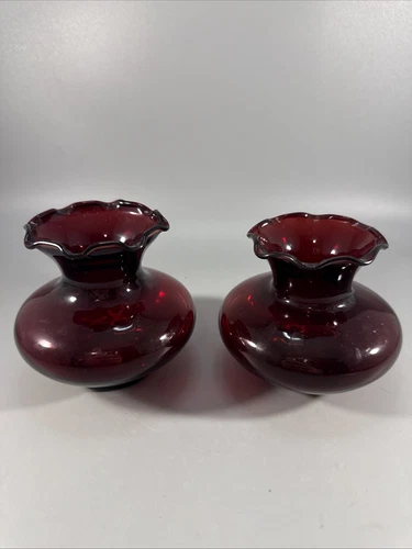 Set Of 2 Vintage Anchor Hocking Royal Ruby Red Glass 3.5" Ruffled Squat Vase's