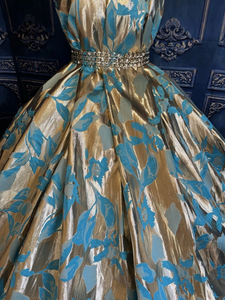 Brocado floral de doble cara dorado azul. ¡Calidad! Para boda, vestido de graduación. BTY Foto 4 de 4