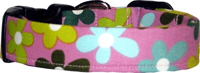 Funky Fuchsia Pink Blue Green Flowers Handmade Dog Collar