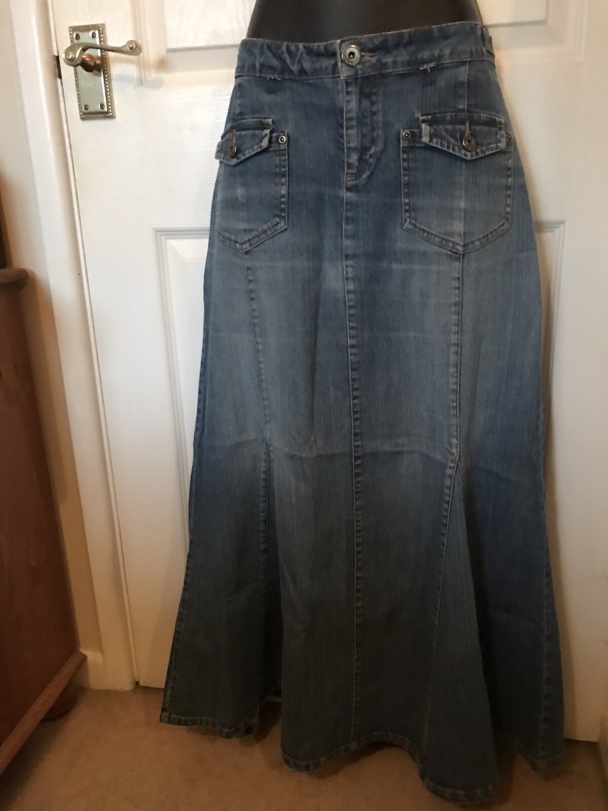 Long Maxi Mid Blue Stretch Denim Skirt Size 12 eBay