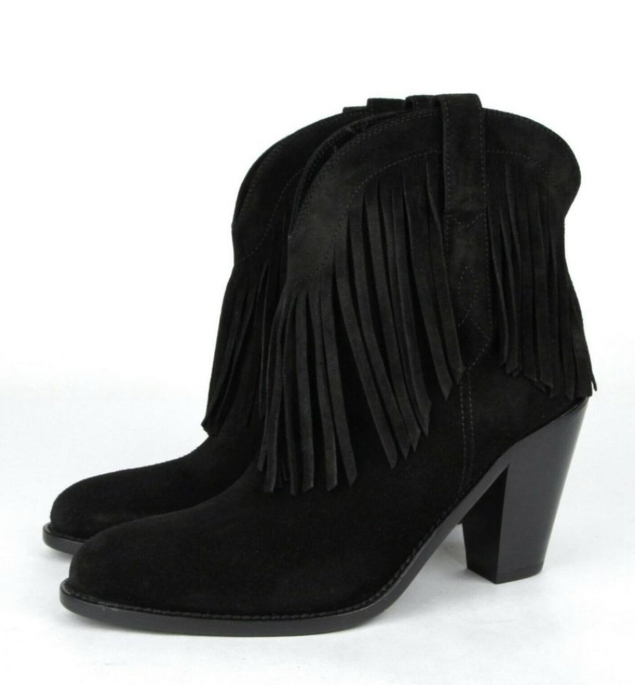 Stivaletti con tacco e frange scamosciati neri Saint Laurent nuovi con etichette US 6 5 YSL $485