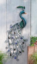 3D Wanddeko Wandbild Wandhänger Pfau Metall blau Antik Look Outdoor Relief