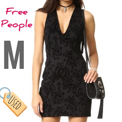 Free People Women's Velvet V-neck Bodycon Black Jacquard Dress . M.  sleeveless