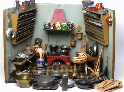 Antique German Dollhouse Kitchen Room Box with Original Contents