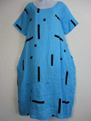Lagenlook 100% Linen Short Sleeve Summer Dress Side Pockets Onesize: Regular14-18