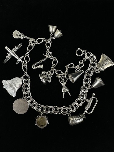 Bracciale Vintage In Argento Sterling Con Charm Musicale A Doppia Catena 7.5” - Foto 2 di 10