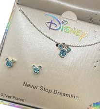 Disney Mickey Mouse Head Silver Plated Blue Stone Necklace Earrings Set NIB 50