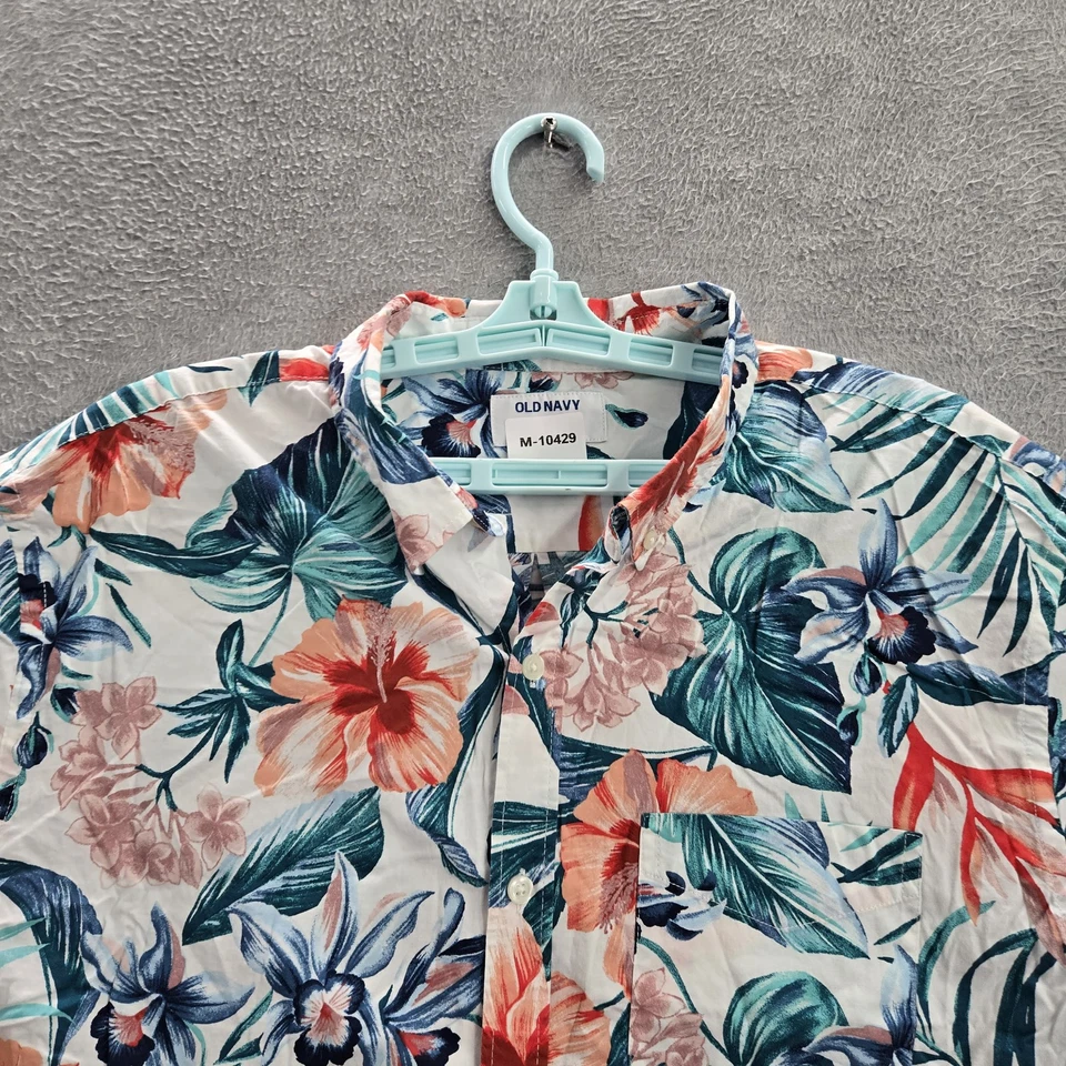 Old Navy Men Button Up Shirt XL White Floral Hawaiian Short Sleeve - Image 4 of 4