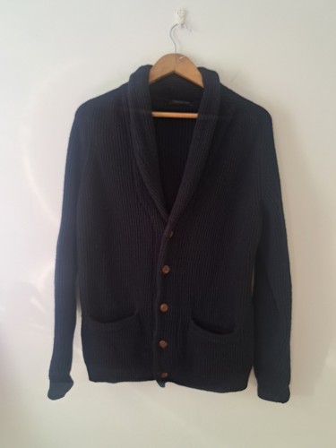 Chester Barrie Mens Navy Blue Cardigan Shawl Collar Medium Ribbed Wool Chunky - Picture 2 of 14