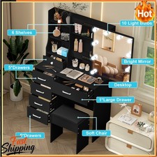 Bedroom Dressing Table Set with 10 LED Lighted Mirror and 6 Drawers Vanity Desk