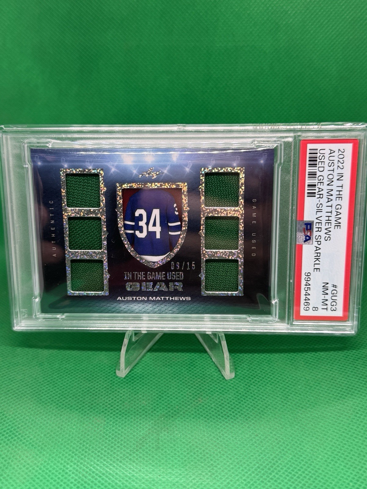 2022 Leaf ITG Used Gear Auston Matthews Silver Sparkle /15 PSA 8