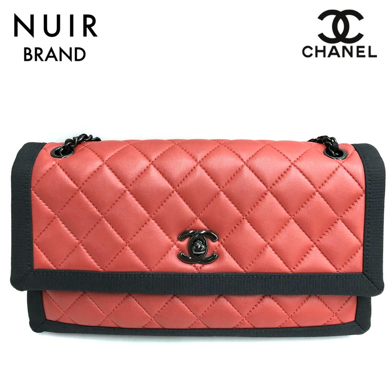 CHANEL Coco Mark Matelass Lambskin Shoulder Bag in Red Black 2015 2016