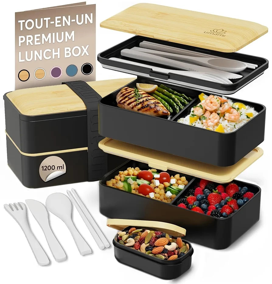 Umami 40 OZ Caja Bento Todo en 1 - Negro y Bambú a Prueba de Fugas con Utensilios y Divisores