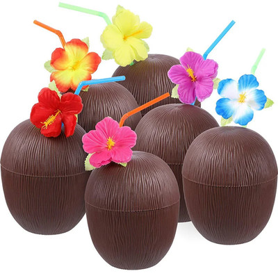 6er Set Tropische Ananas Kokos Trinkbecher Saftbecher Strohhalm Sommer Luau Flamin
