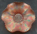 LOVELY VINTAGE CARNIVAL FENTON PEACOCK TAIL MARIGOLD RUFFLED BOWL “PANEL EXT”