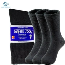 12 Pairs Black Diabetic Crew Socks Circulatory Health Cotton Loose Fit Top 9-15