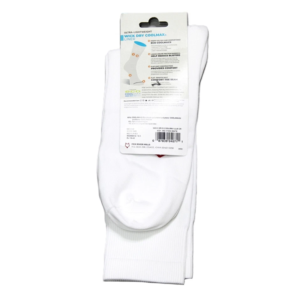 Fox River 4321 Wick Dry Lightweight Unisex Tube Crew Liner Socks White Medium - Image 3 of 4