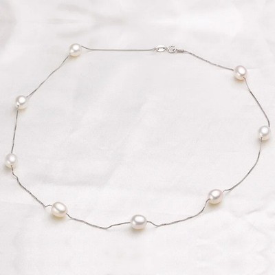 925 Sterling Silver Necklace 45cm Freshwater Pearl 8-9mm Women Jewelry