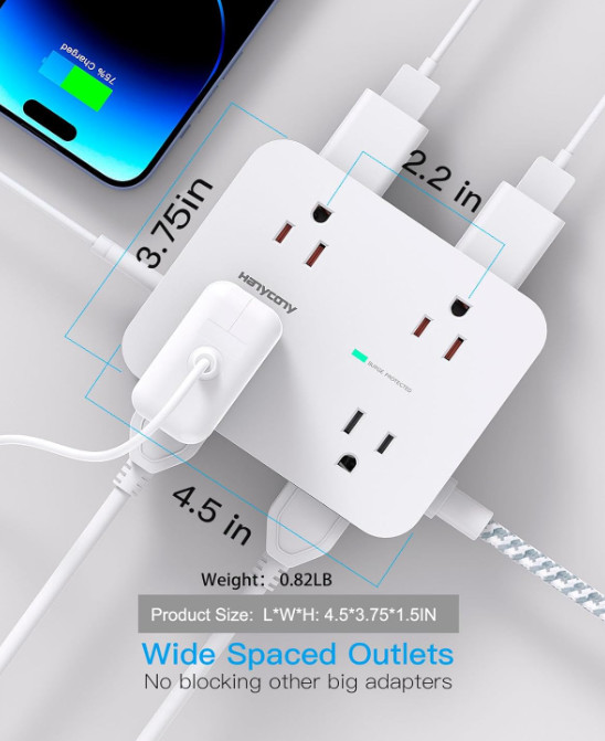 Surge Protector Power Strip - HANYCONY 8 Outlets 2 USB (2 USB C) Charging Ports